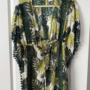 Time And Tru Palm Leaf Knee Length Kimono Swim Cover Up Cardigan OS